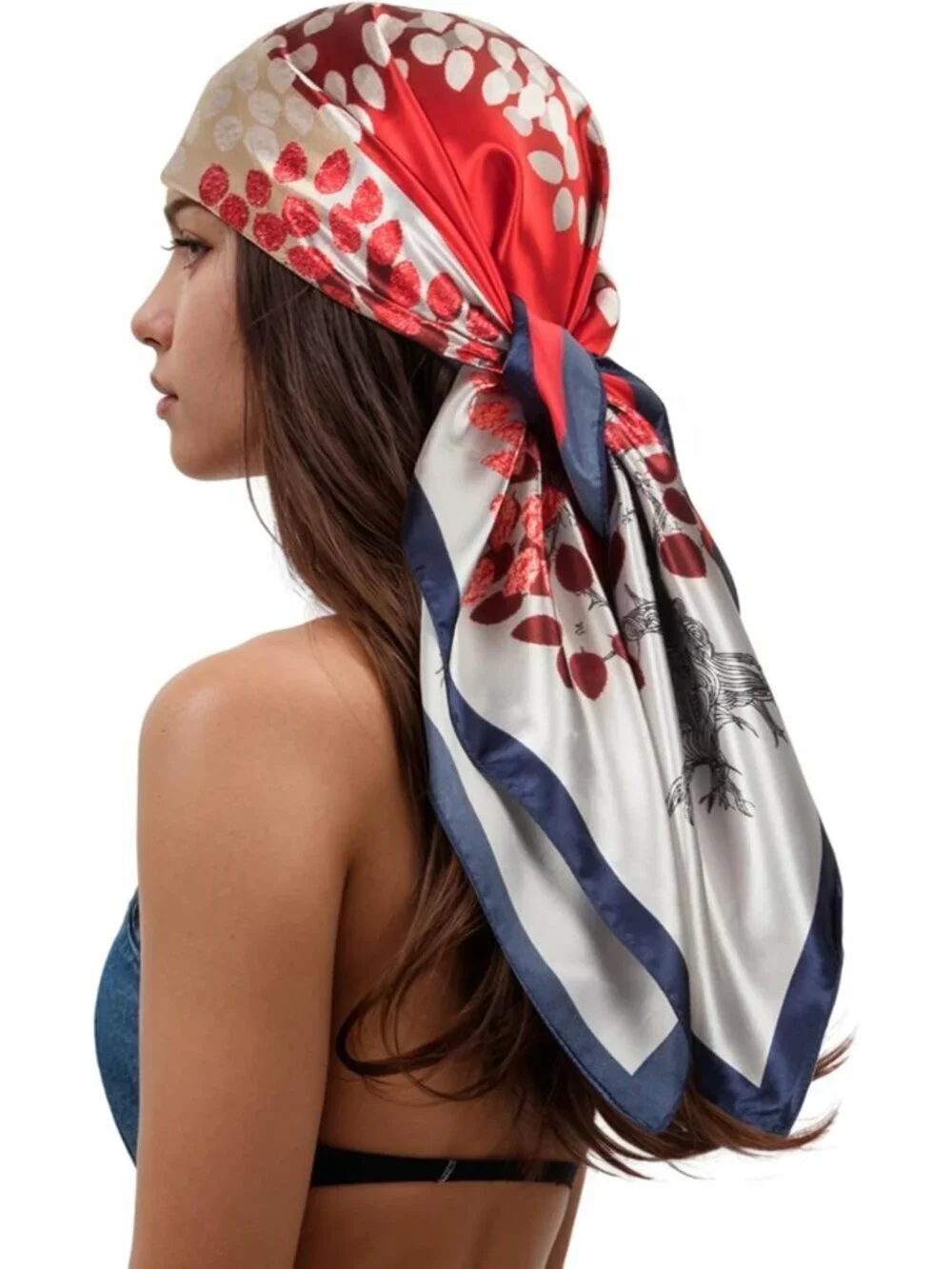 Women's A-Red Printed Square Scarf Bandanas Hair Scarf 35 Inches